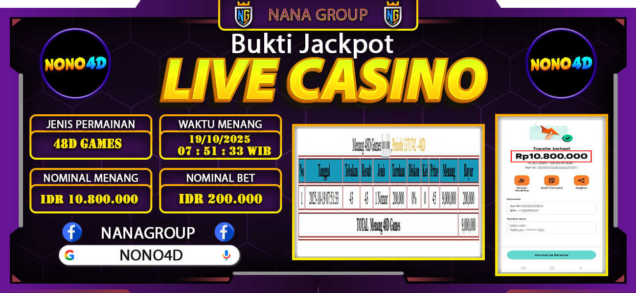 Bukti Kemenangan Besar Dibayar lunas Member NONO4D RP 10.800.000, 19 Oktober 2025